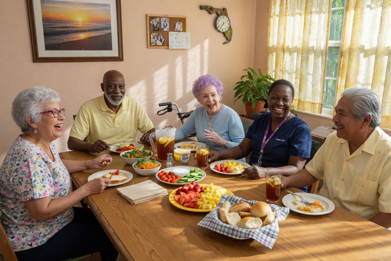 Residents and staff sharing a homemade meal at Royal Palm Senior Residence.