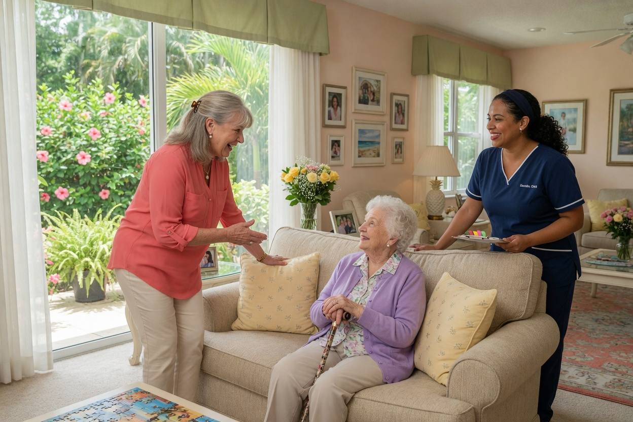 A family member visiting a resident with a caregiver in the living room at Royal Palm Senior Residence.