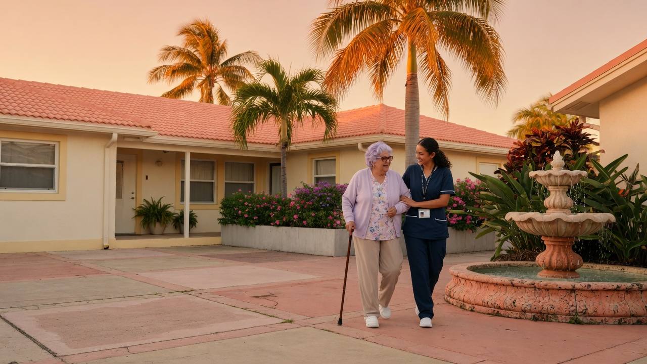 A caregiver walking with a resident through the courtyard at Royal Palm Senior Residence in Fort Lauderdale.