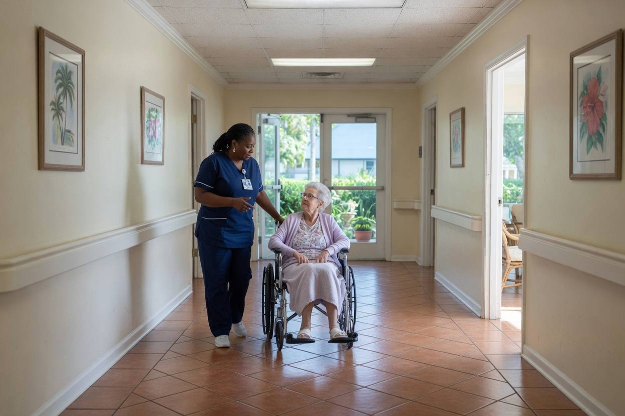 A caregiver walking with a resident using a wheelchair in a wide hallway at Royal Palm Senior Residence.