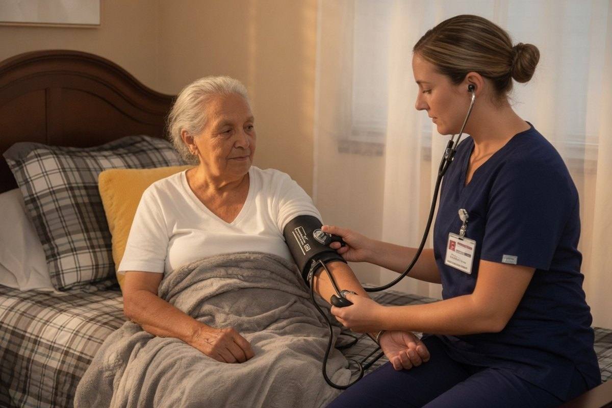 A licensed nurse visiting a resident in a bedroom at Royal Palm Senior Residence.